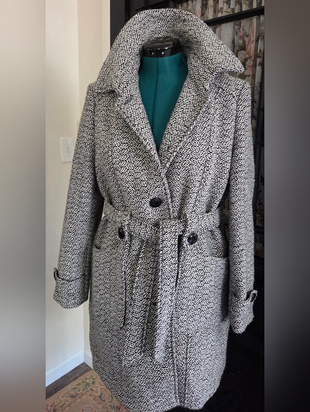 Liz Claiborne Woven Wool Blend Black and White Women's Trench Coat New XL